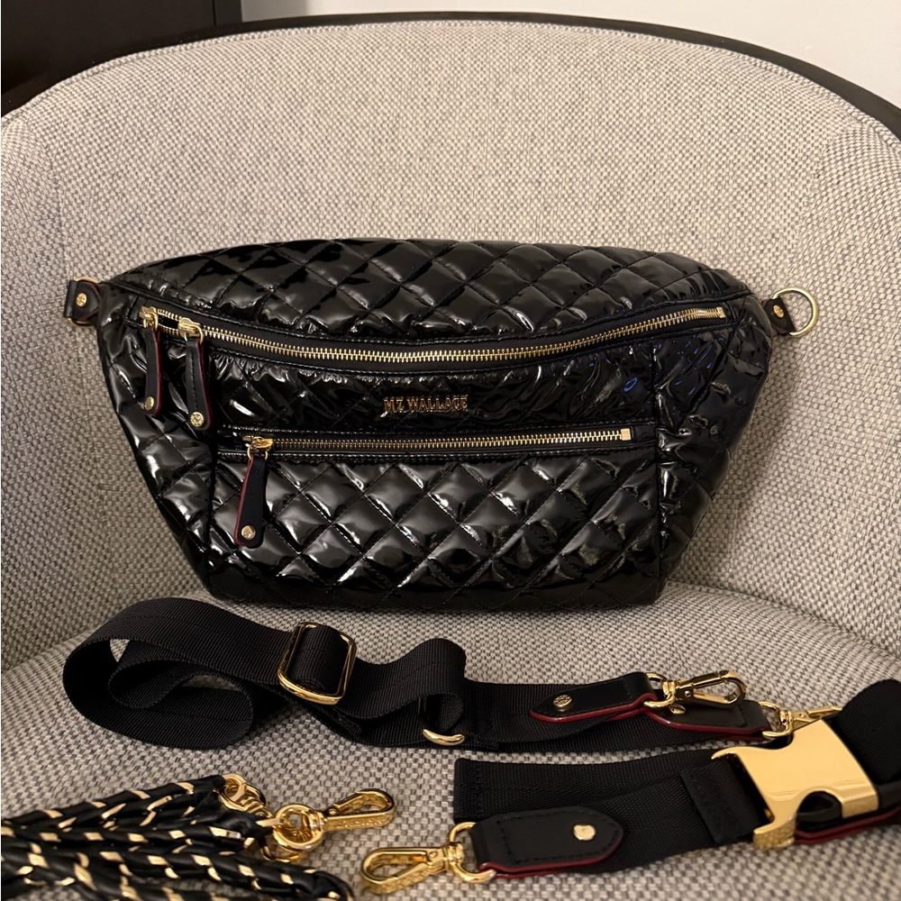 MZ Wallace Black Lacquer Quilted Sling Crossbody Bag